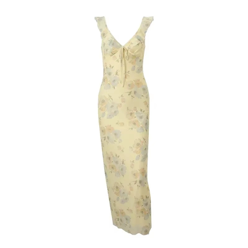 Retro V Neck Dresses Yellow Sleeveless Flower Print Maxi Long Dress Elegant High Waist Female Holiday Party Vestidos