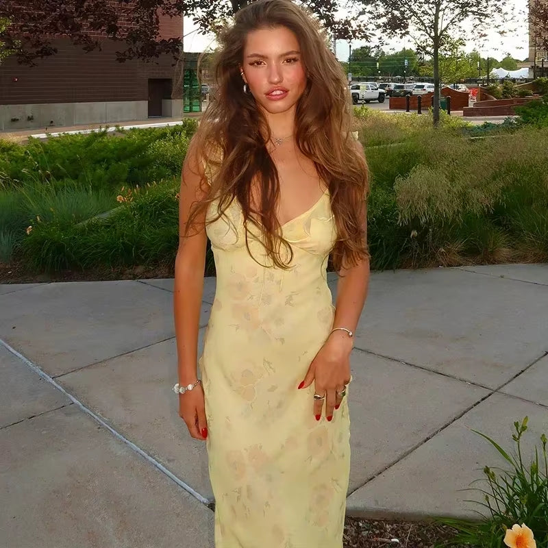 Retro V Neck Dresses Yellow Sleeveless Flower Print Maxi Long Dress Elegant High Waist Female Holiday Party Vestidos